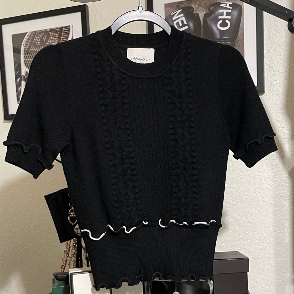 3.1 Phillip Lim Black Knit Top with Ruffle Trim